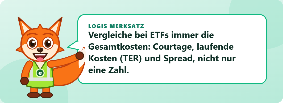 Logis Merksatz: Vergleiche bei ETFs immer die Gesamtkosten: Courtage, laufende Kosten (TER) und Spread, nicht nur eine Zahl.
