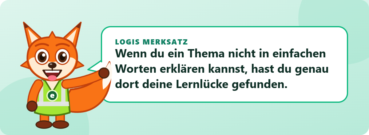 Logis Merksatz: Wenn du ein Thema nicht in einfachen Worten erklären kannst, hast du genau dort deine Lernlücke gefunden.