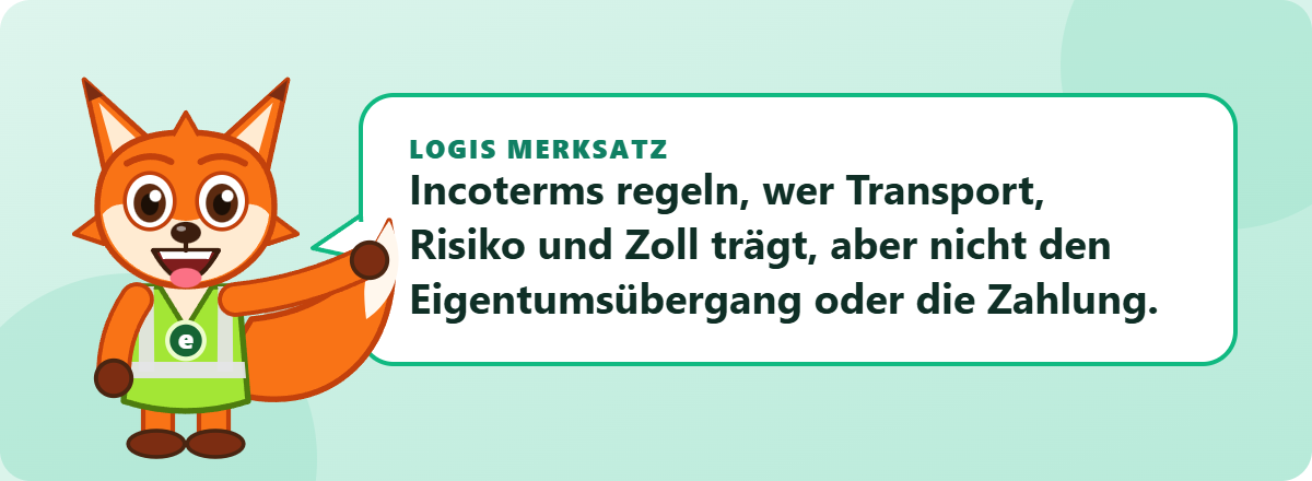 Logis Merksatz: Incoterms regeln, wer Transport, Risiko und Zoll trägt, aber nicht den Eigentumsübergang oder die Zahlung.