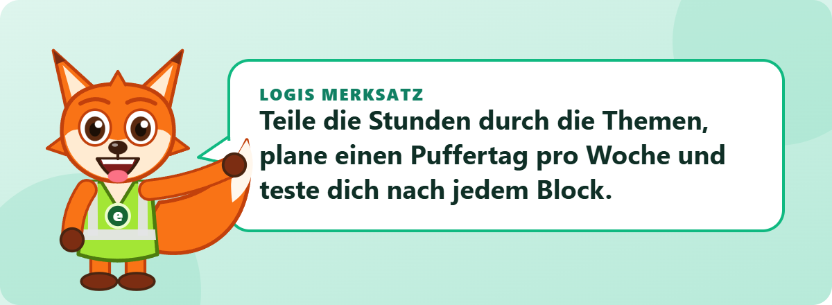 Logis Merksatz: Teile die Stunden durch die Themen, plane einen Puffertag pro Woche und teste dich nach jedem Block.