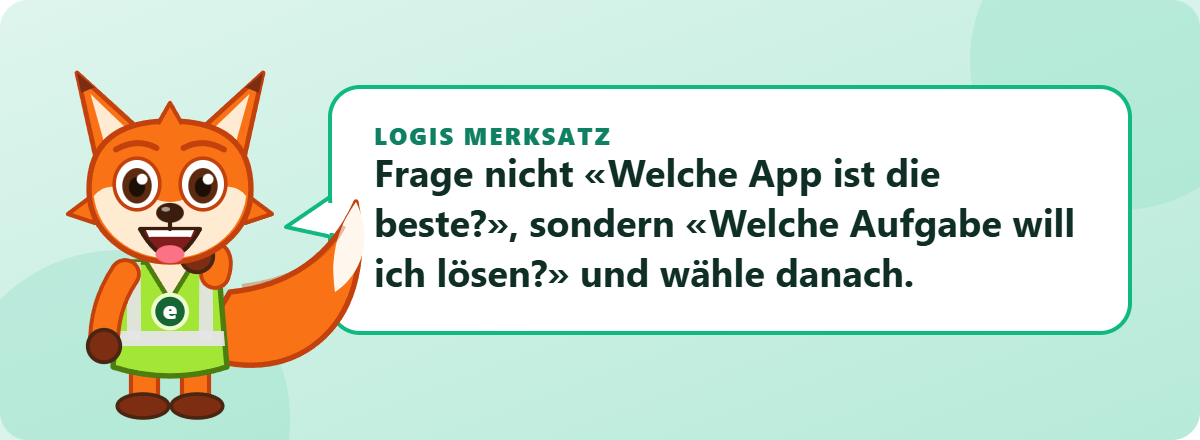 Logis Merksatz: Frage nicht «Welche App ist die beste?», sondern «Welche Aufgabe will ich lösen?» und wähle danach.